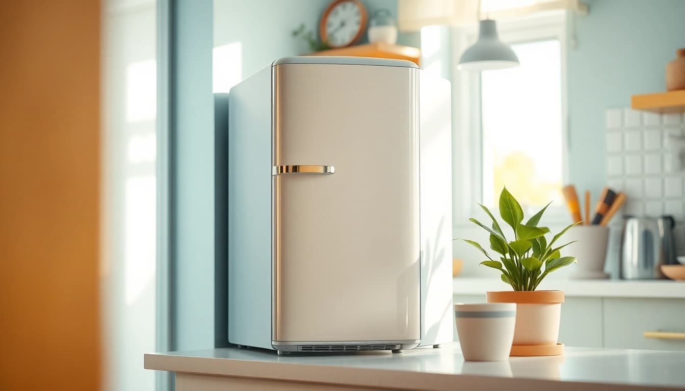 Showcasing an affordable mini fridge and freezer in a cozy kitchen ambiance with natural lighting.