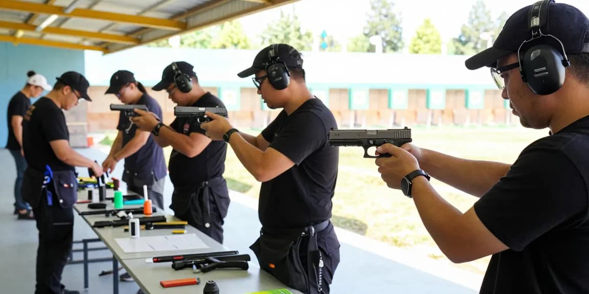 Customized Glock slides showcased at a shooting range, emphasizing precision and performance at https://precisionglockslides.com.