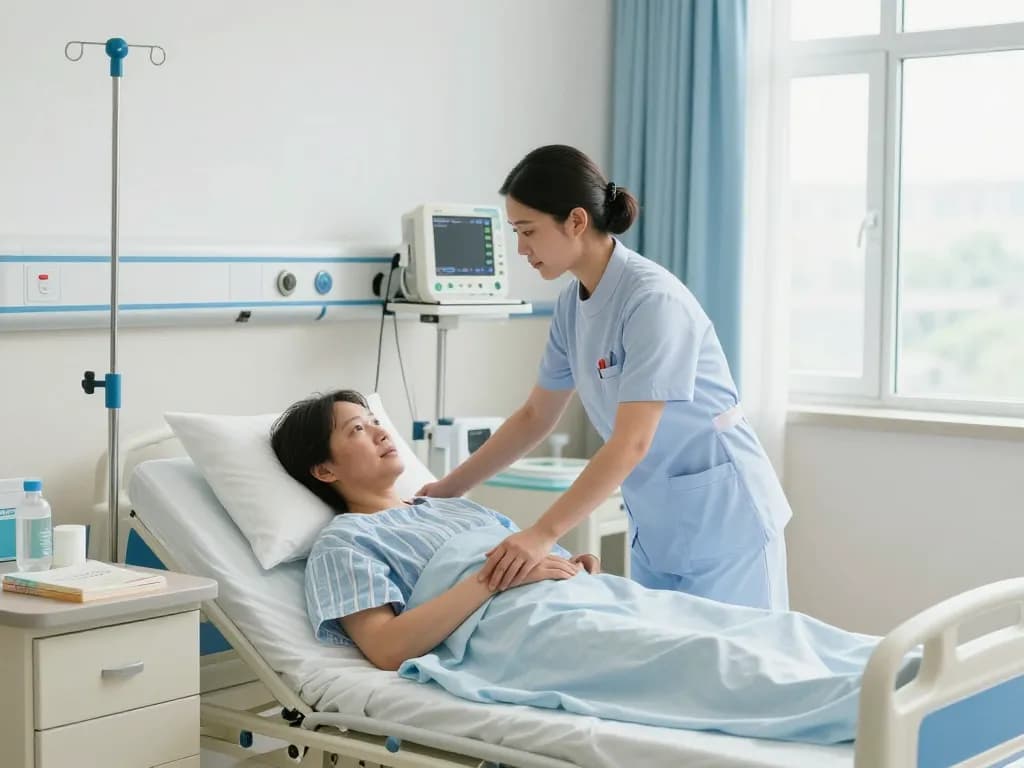 Adjustable giường bệnh nhân in a hospital room with a nurse aiding a patient for comfort and care.
