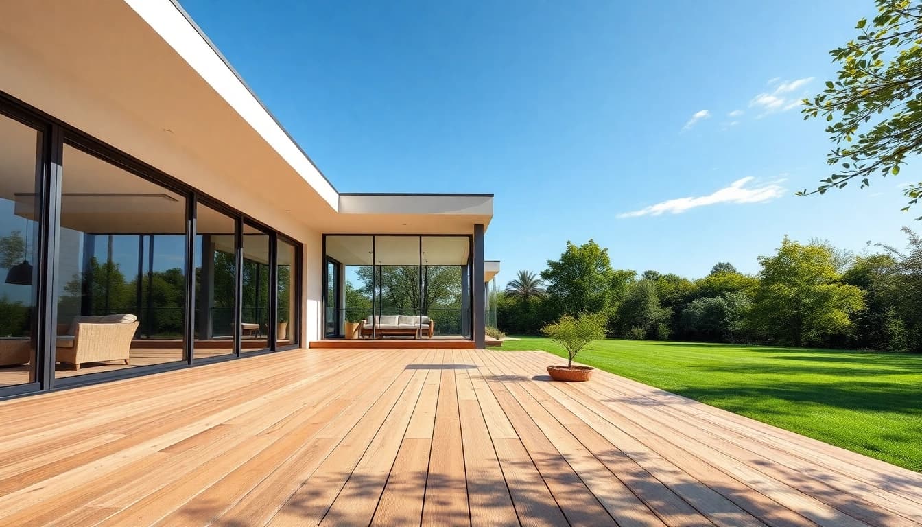 Showcasing a contemporary home expansion design, featuring large windows and wooden deck.