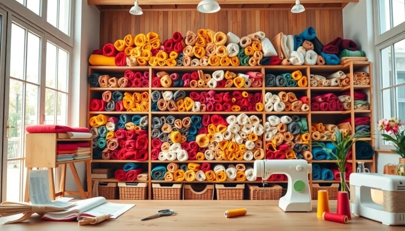 Katoen stoffen gegroepeerd in een creatieve studio met kleurrijke decoraties.