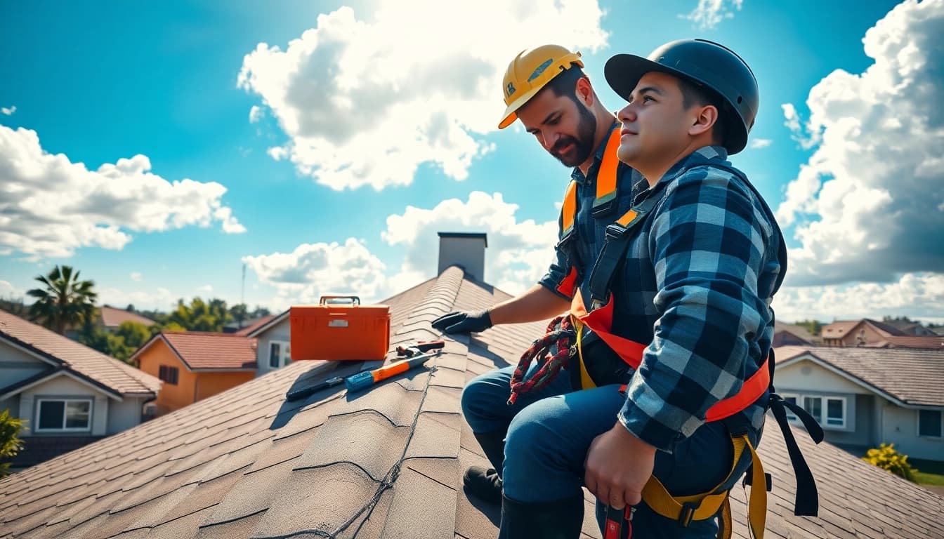 Inspecting professional roofing services on a residential roof with tools and safety gear.