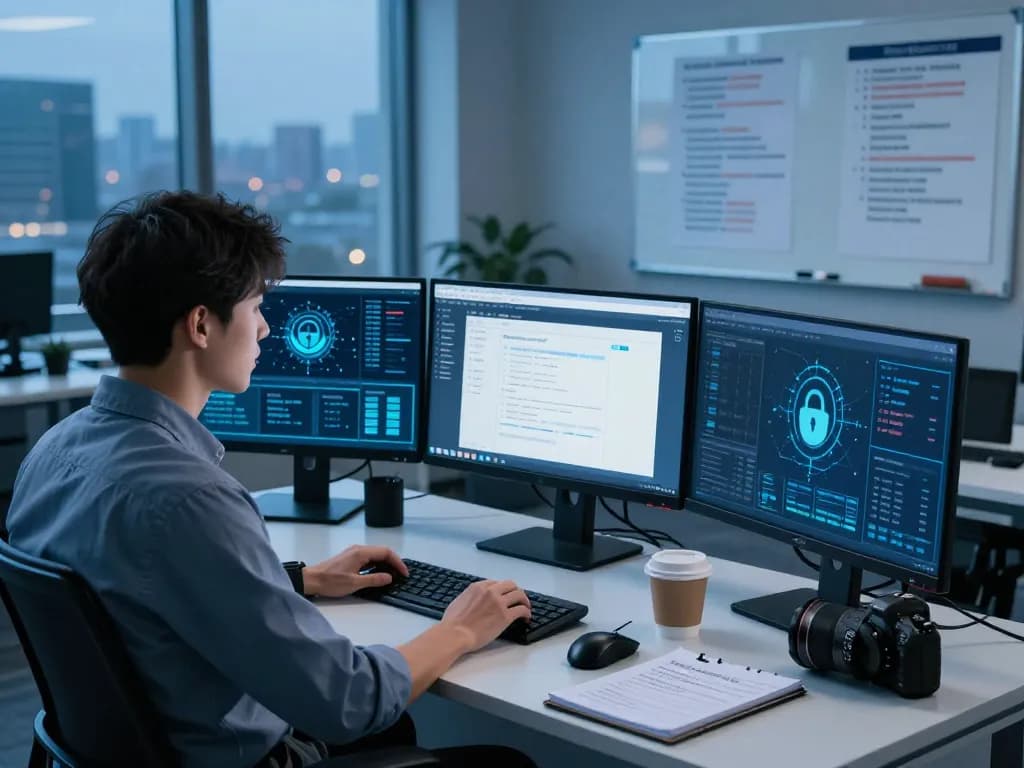 Security inspection at https://shs-dome5.com/ showing IT technician monitoring browser verification for safe access.