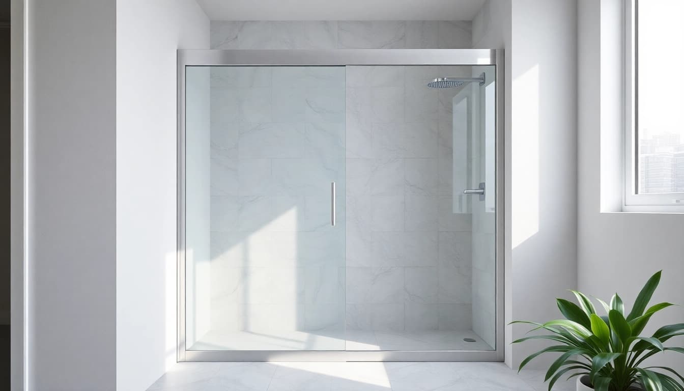 Explore sleek sliding shower doors in a bright bathroom, featuring elegant glass and chrome details.