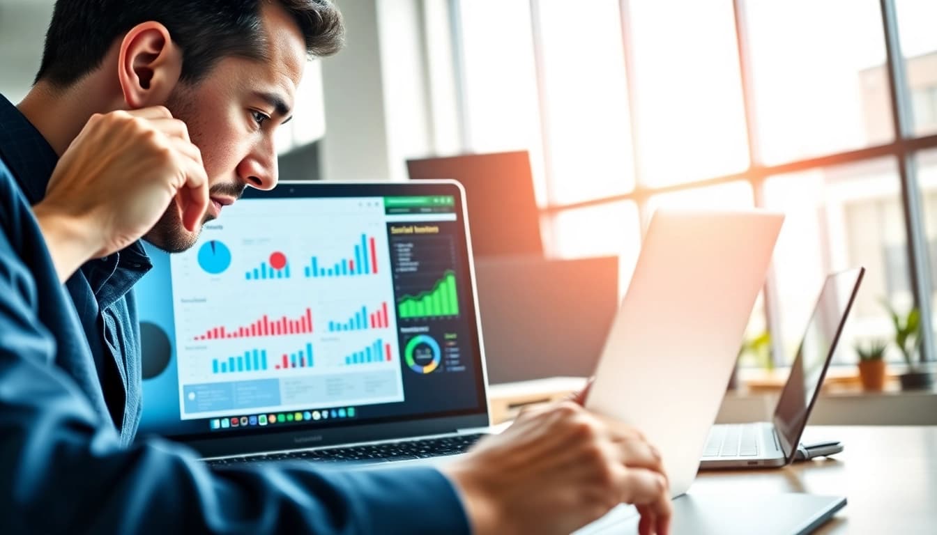 Engaging professional working on Facebook SMM Panel strategies with vibrant analytics graphics.