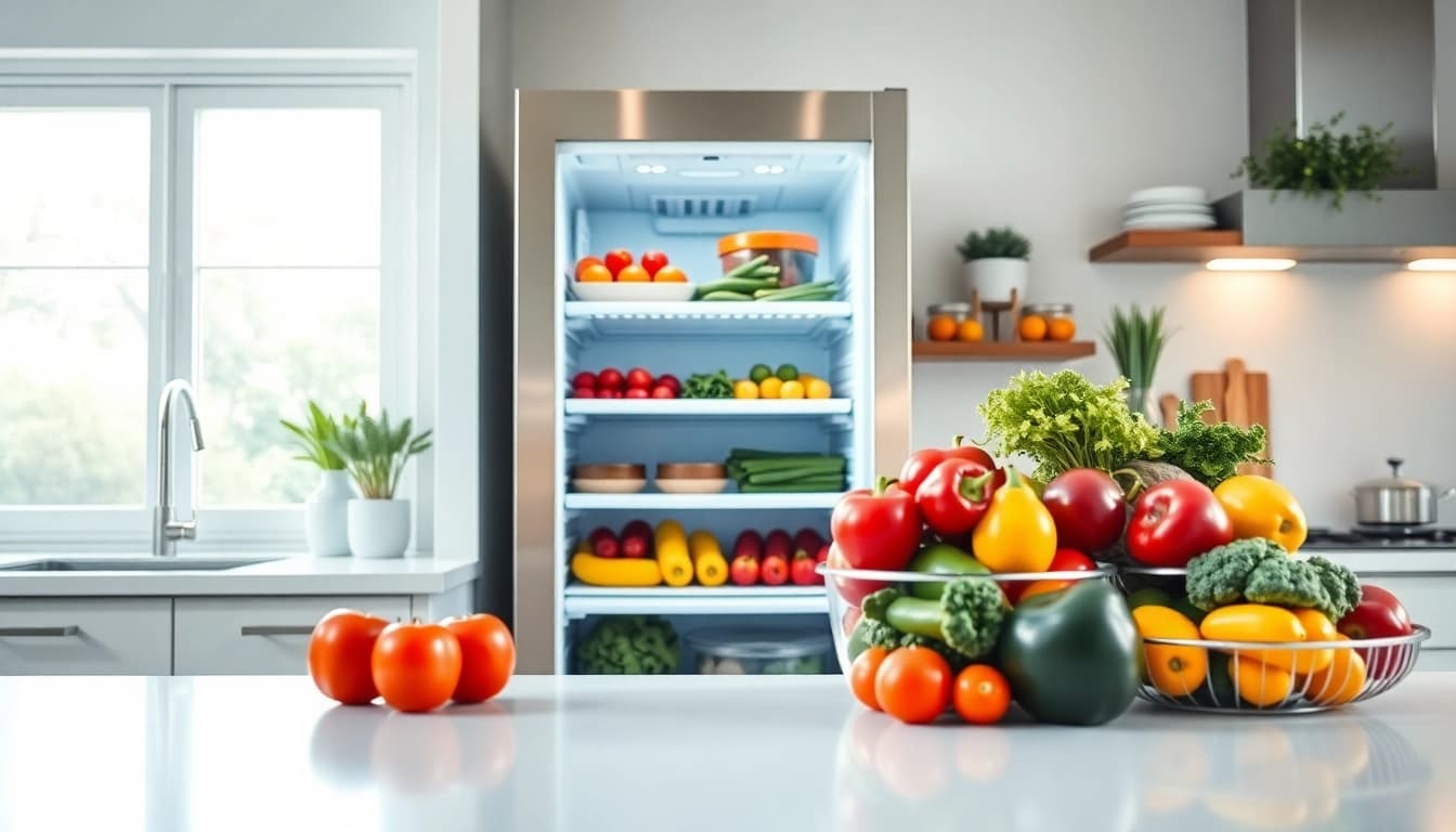 Organize fresh produce in a modern Freezer with sleek designs and bright surrounding kitchen.