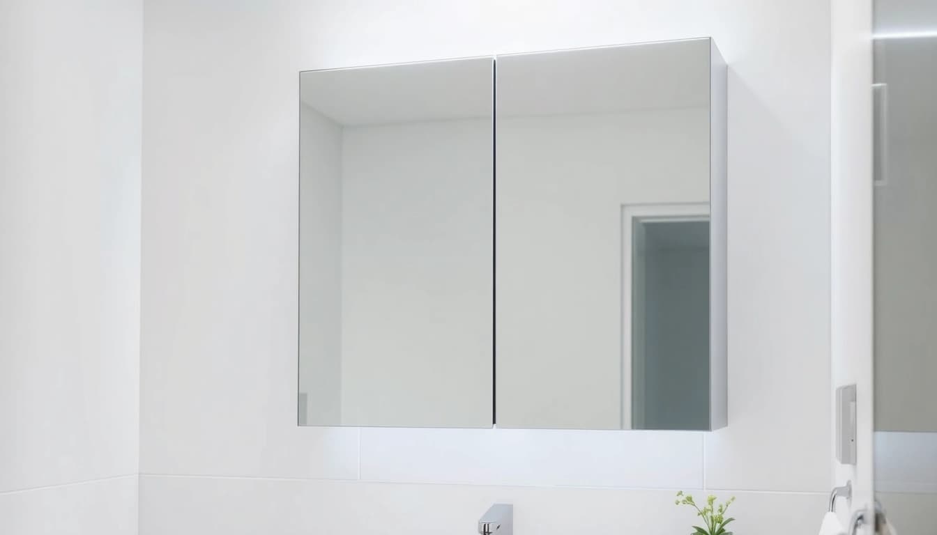Showcase of mirrored bathroom cabinet with light reflecting ambiance in a modern bathroom.