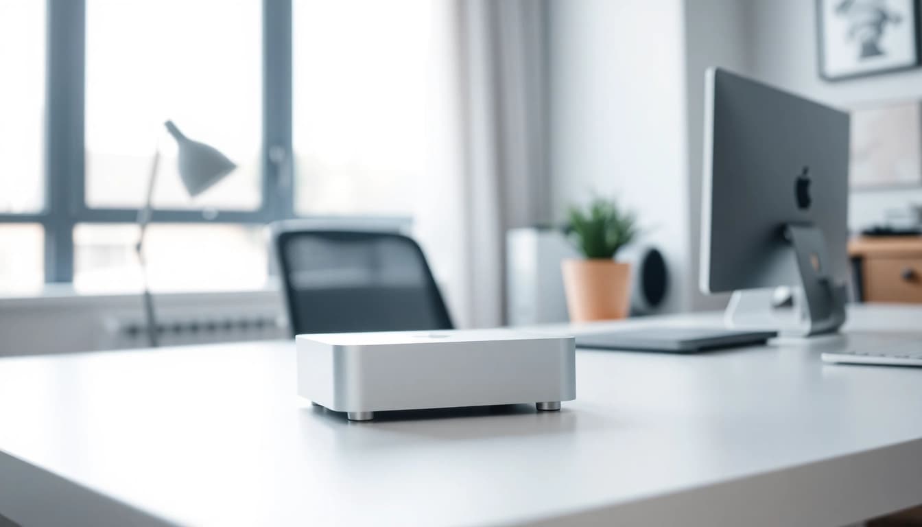 Usando el Mac Mini M2 en un entorno de trabajo moderno y minimalista.