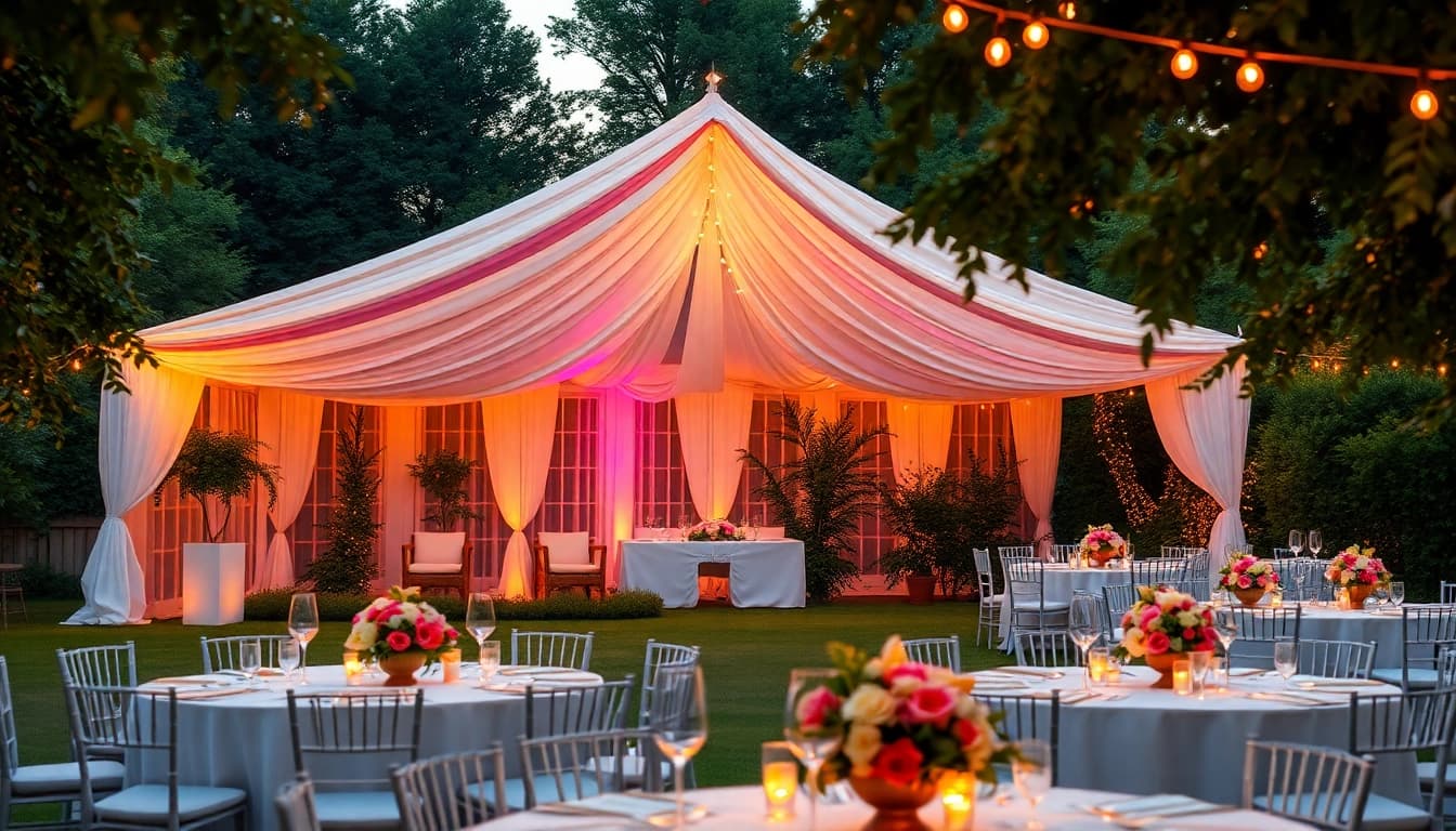 Elegant Party Tent Rentals in a lush garden, beautifully decorated for events.