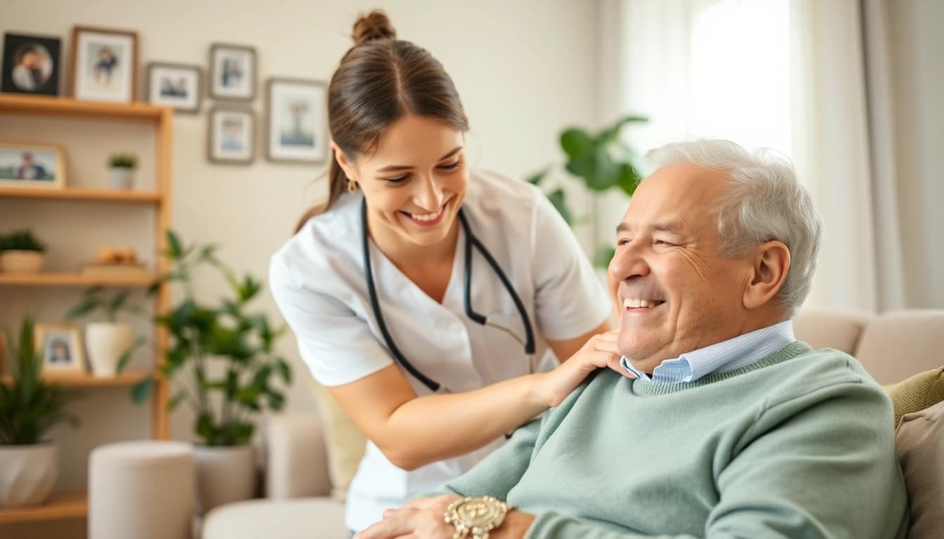 Compassionate elderly in home care near me, showcasing caregiver support in a warm home environment.