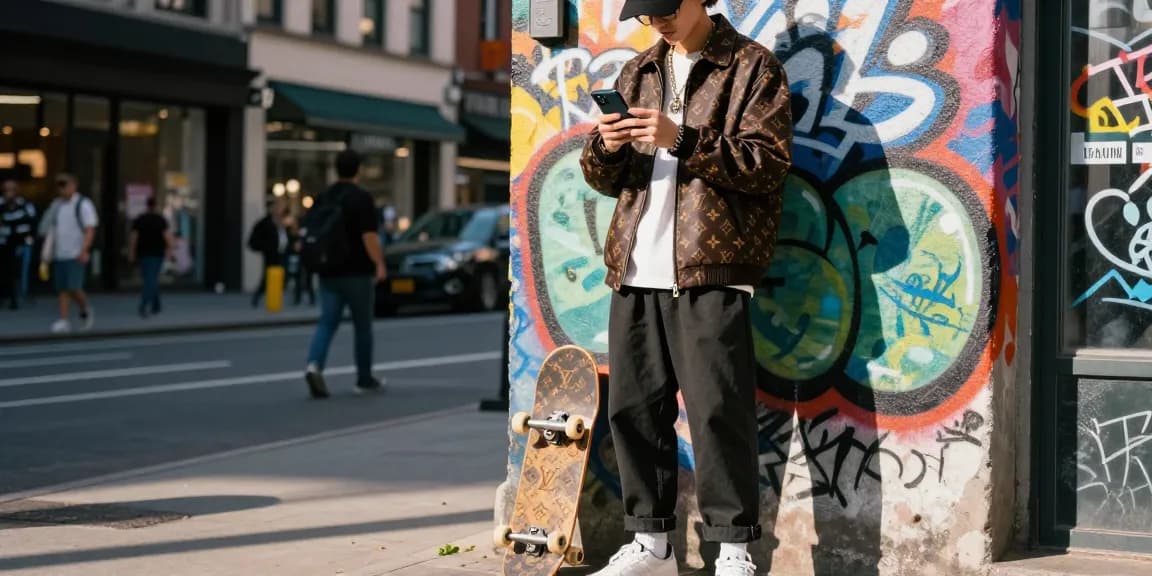 Fashionable individual showcasing a 레플리카 outfit in a vibrant urban setting with graffiti.