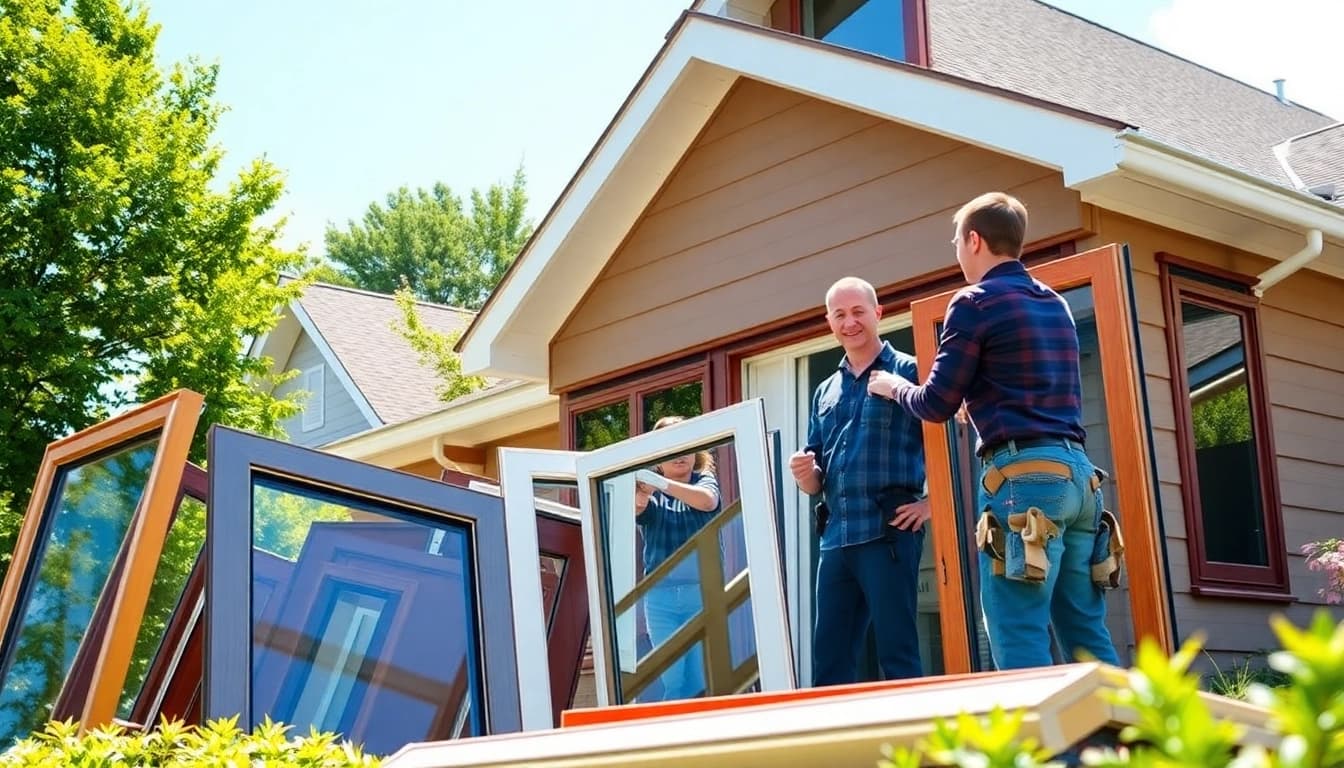 Window installation by a professional team showcasing various window types in a sunny neighborhood.