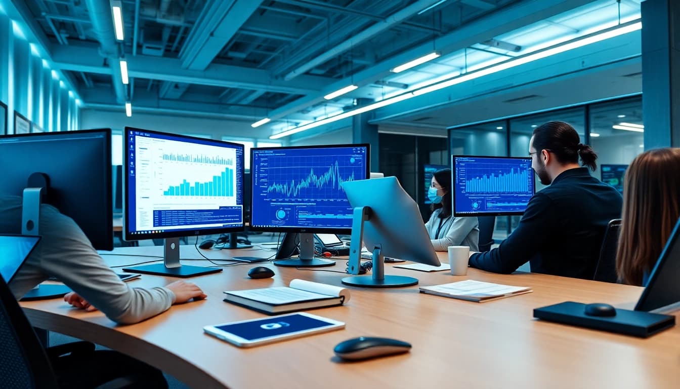 Innovative workspace showcasing software engineering with dynamic charts and diverse team collaboration.