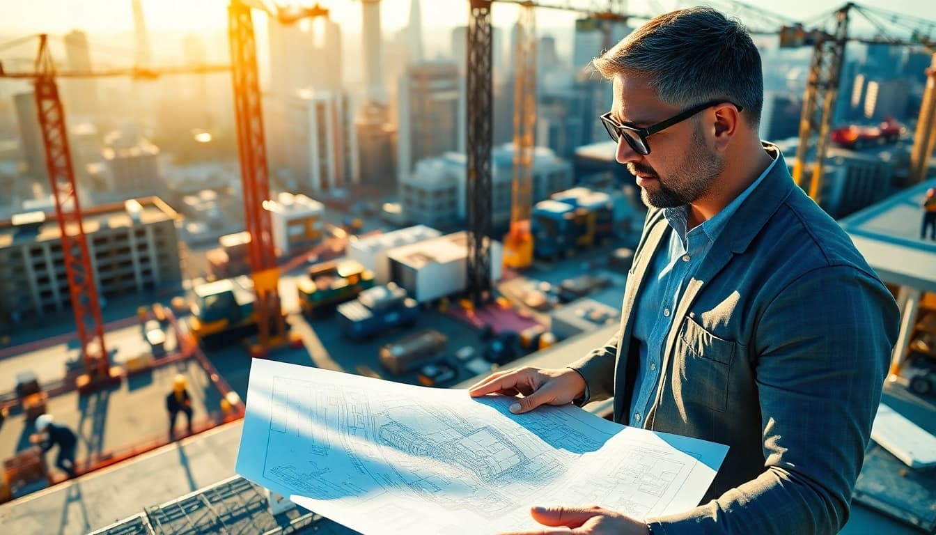 Manhattan Construction Manager reviewing blueprints on a bustling construction site surrounded by cranes.