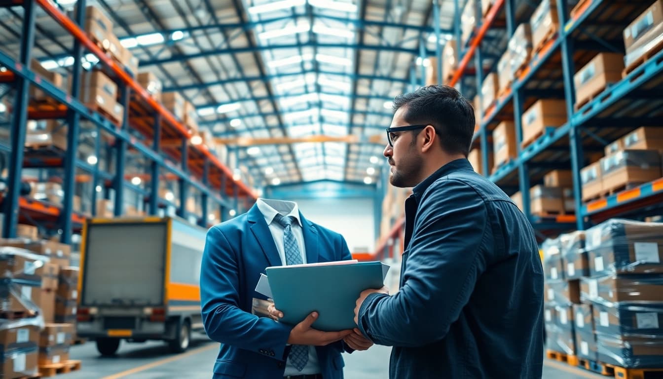 Logistics operations manager coordinating goods movement in a vibrant warehouse environment.