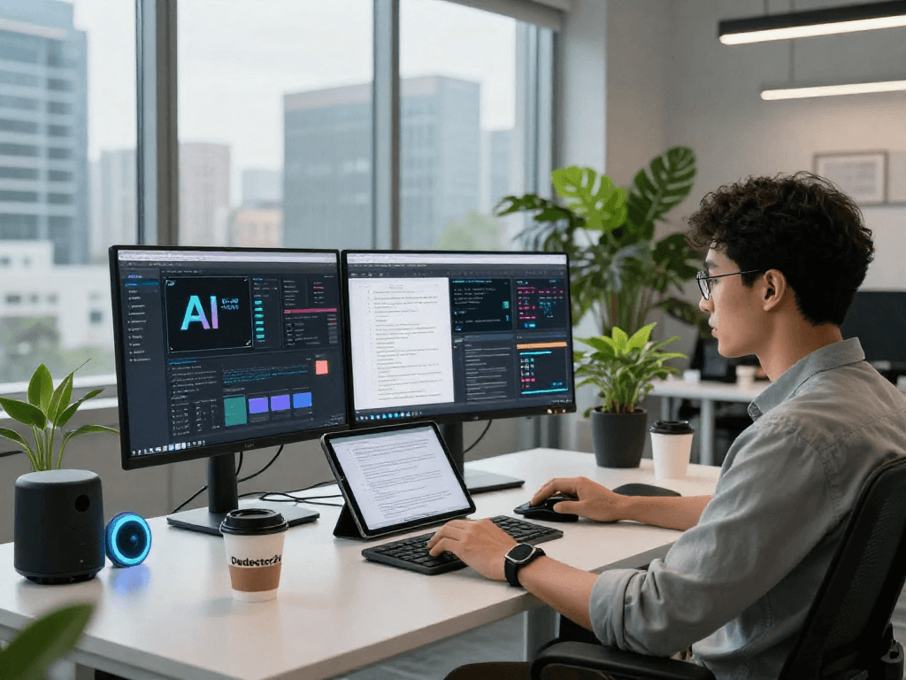 AI detector processing content moderation in a modern workspace setup, illustrating analysis and innovation.