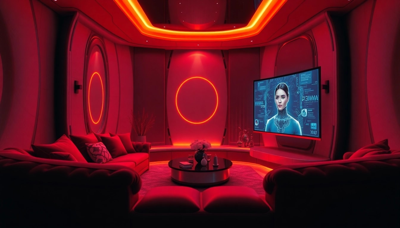 Immersive AI sex interaction in a luxurious modern setting, featuring a glowing AI character.