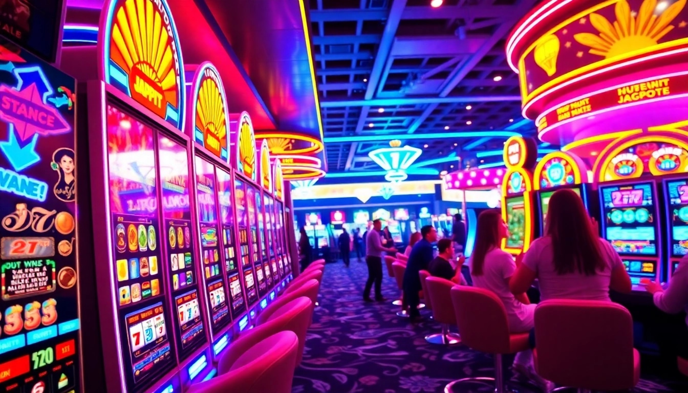 Menampilkan slot depo 1k dengan mesin permainan berwarna cerah dan pemain yang merayakan kemenangan.