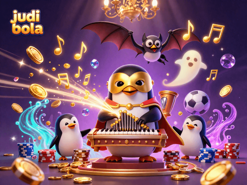 Bettors enjoy judi bola with a cartoon penguin playing an organ shooting coins, while sports-themed elements surround.