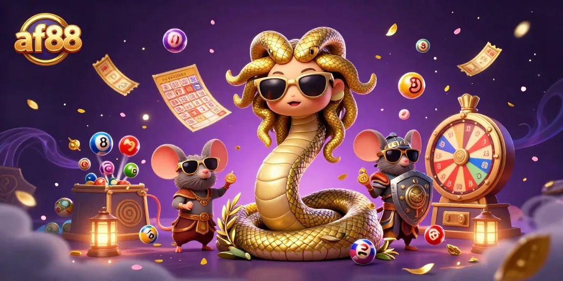 Experience excitement at af88 with lively lottery elements and charming characters in a vibrant casino scene.