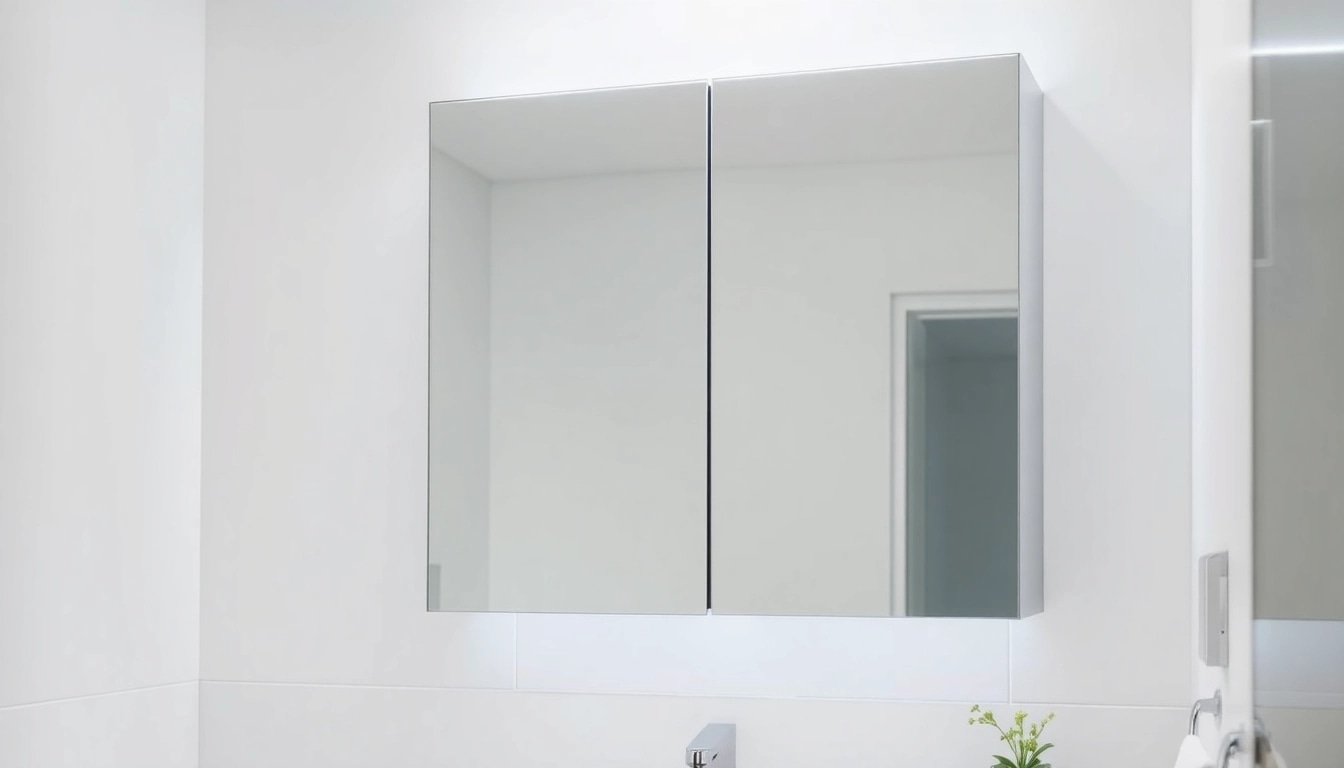 Showcase of mirrored bathroom cabinet with light reflecting ambiance in a modern bathroom.