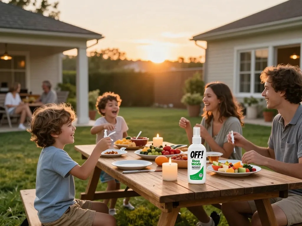 Family enjoying outdoor barbecue with mosquito repellent on table for effective protection.