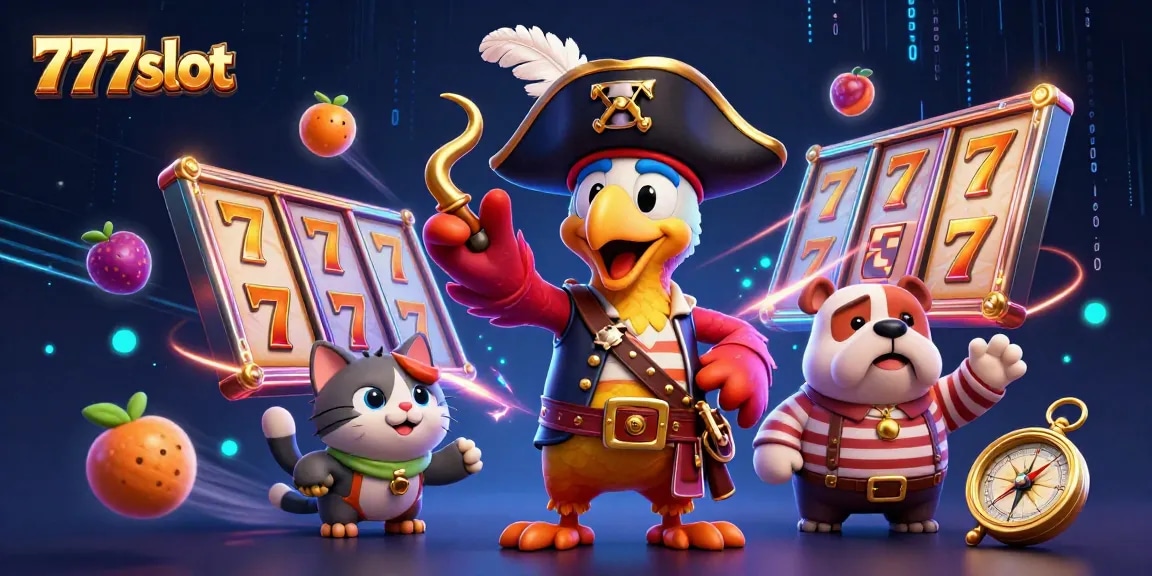 Mainkan 777slot dengan simbol buah dan jackpot yang meriah dalam ilustrasi kasino.