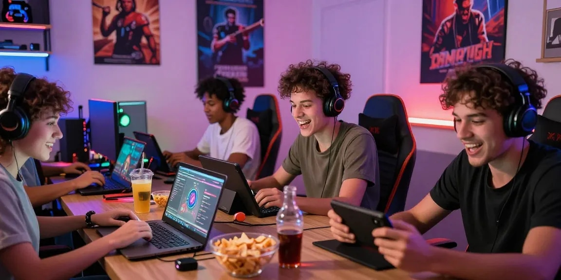 Engaging gamers playing xxx games on various devices in a vibrant, cozy gaming room.