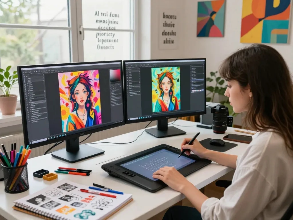 Artist creating stunning visuals with an image to prompt ai tool in a vibrant, inspiring digital art studio.
