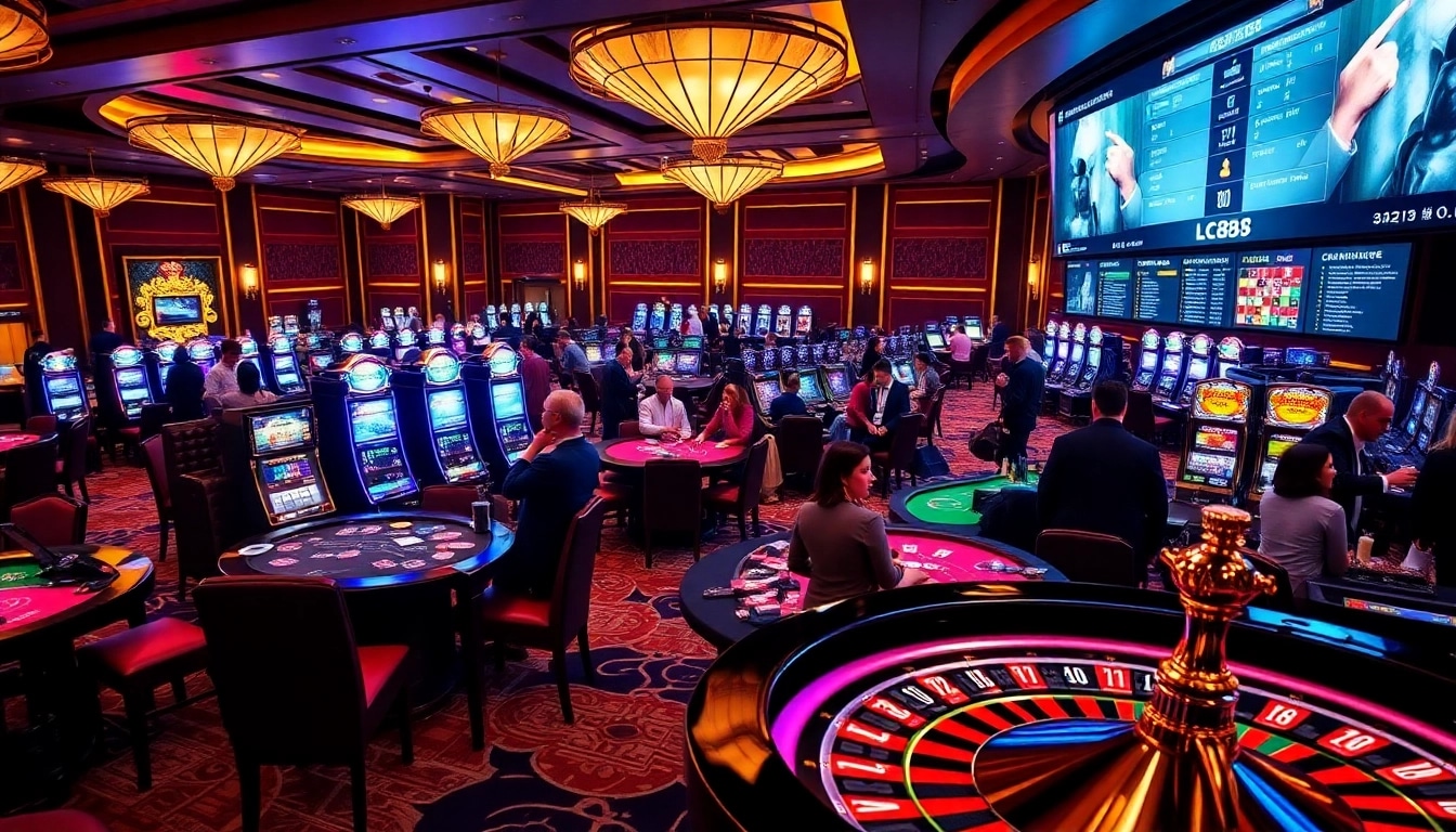 Players enjoying an exciting game at LC88 Casino with vibrant tables and machines.