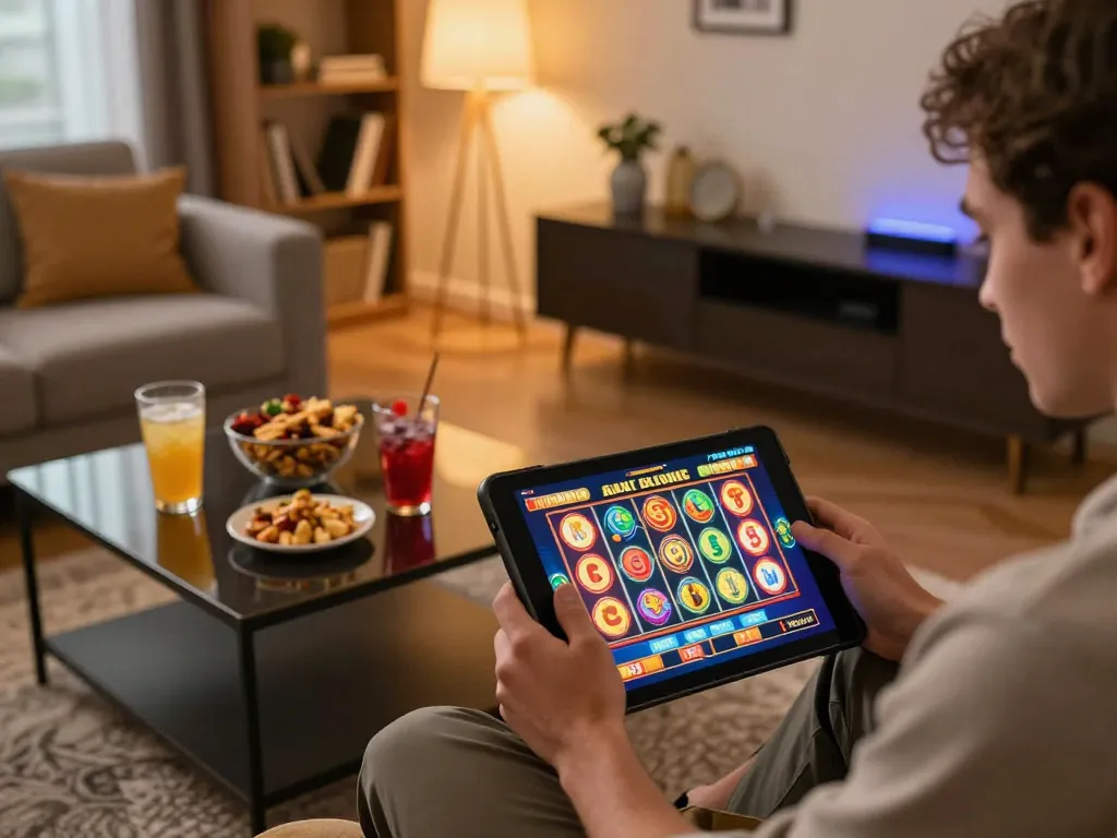 Engaging with an online slot game on a tablet, set in a cozy home environment, highlighting responsible gaming.