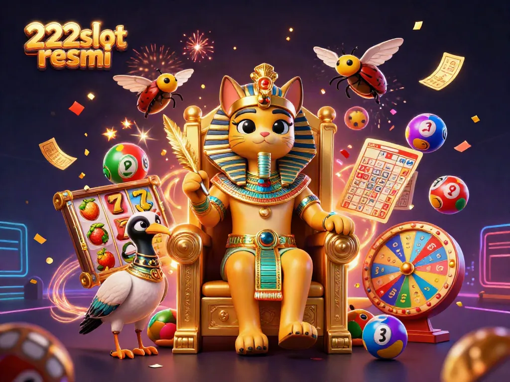 Gambar 3D dari 222slot resmi menampilkan karakter kucing firaun dan elemen perjudian yang meriah.