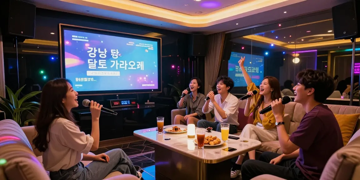 Group singing at 강남 달토 가라오케 in a stylish karaoke room with advanced sound and joyful atmosphere.