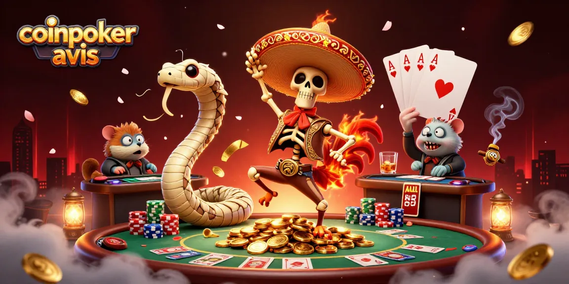 coinpoker avis : Danse victorieuse d’un squelette mariachi au milieu de jetons de poker et de pièces d’or.