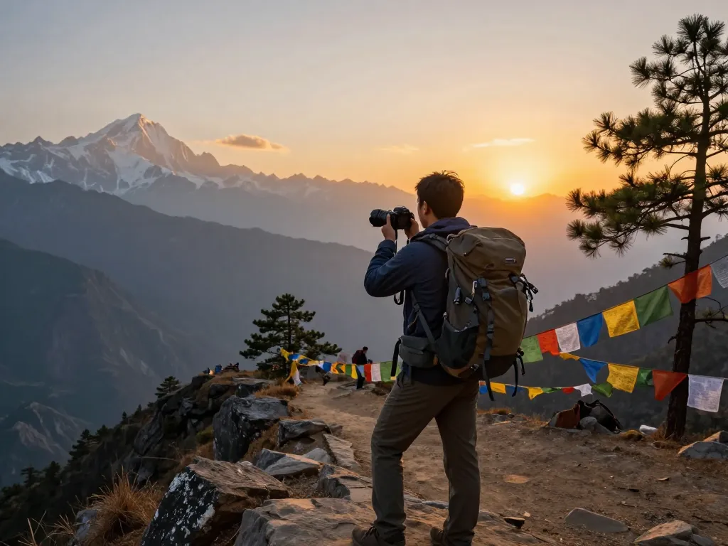 Annapurna Circuit trekker at stunning mountain viewpoint during sunset, capturing scenic landscapes and adventure.