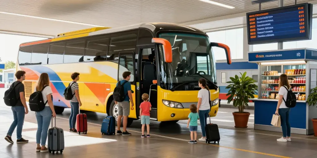 Transport Moldova Olanda - familie pregătindu-se să călătorească la un terminal de autobuz modern.