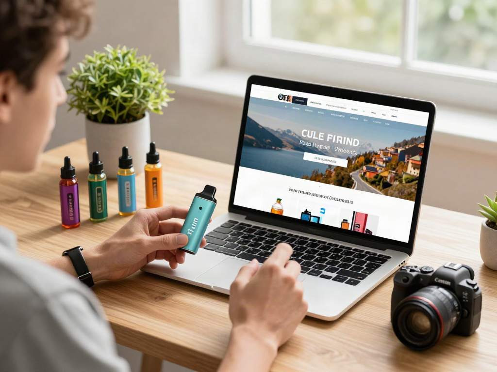 Engaging display of flum disposable vapes and accessories on a modern desk.