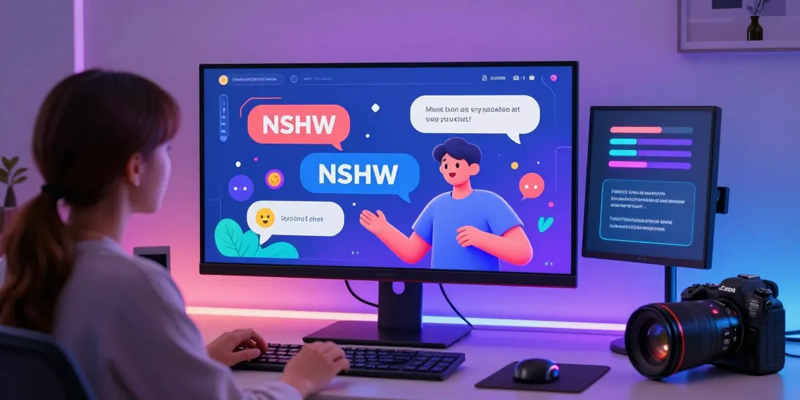Interactive NSFW AI chat scene with dynamic avatars and colorful dialogue.