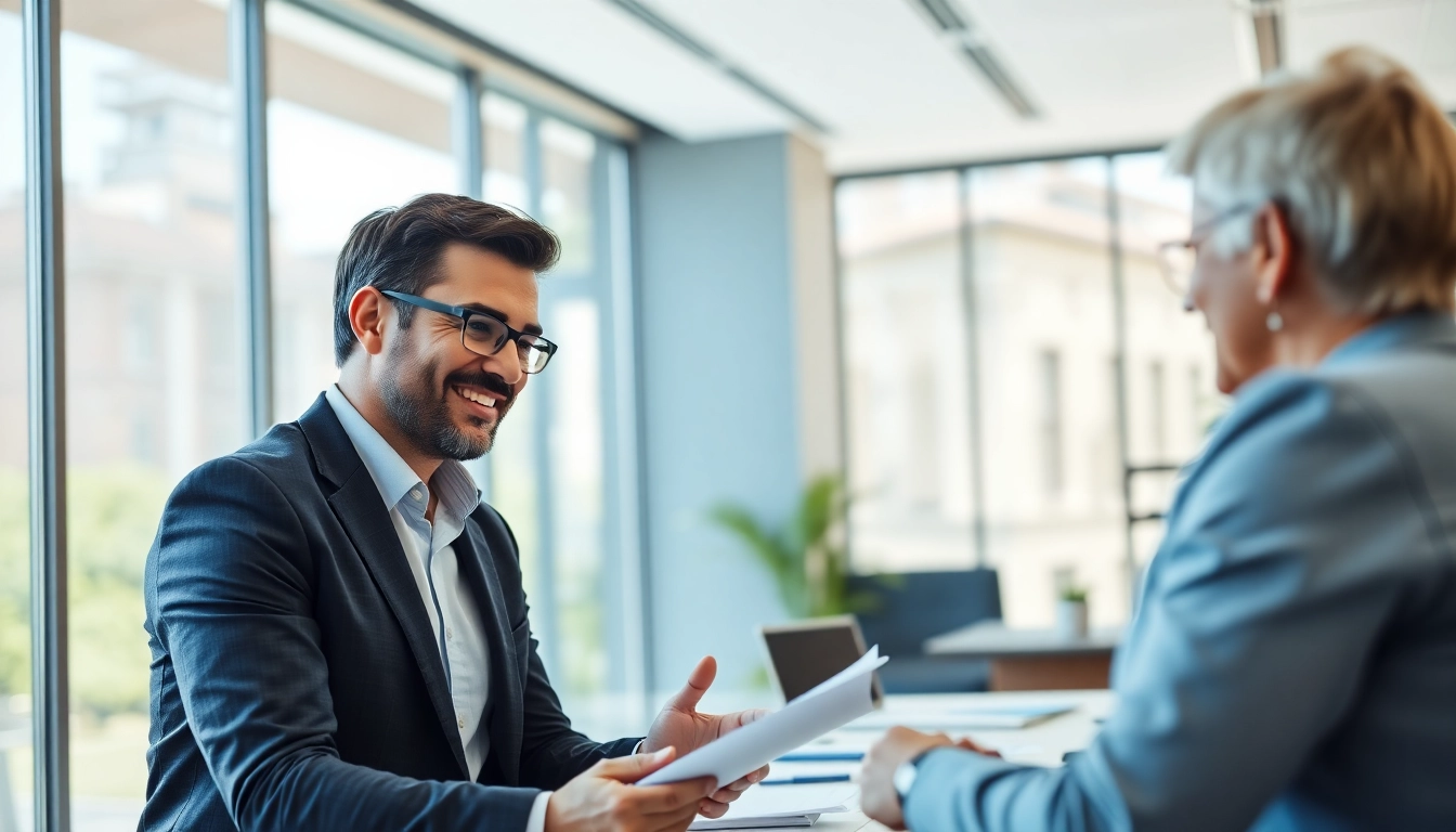Discussing life insurance options in a modern office with a friendly consultant.