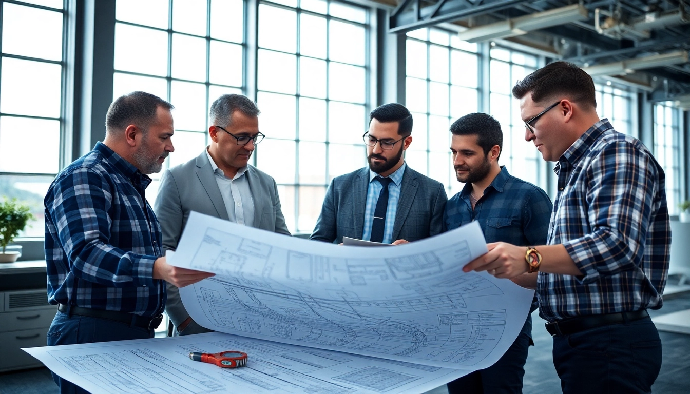 Railroad Design Consultants collaborating on project blueprints in a modern office.