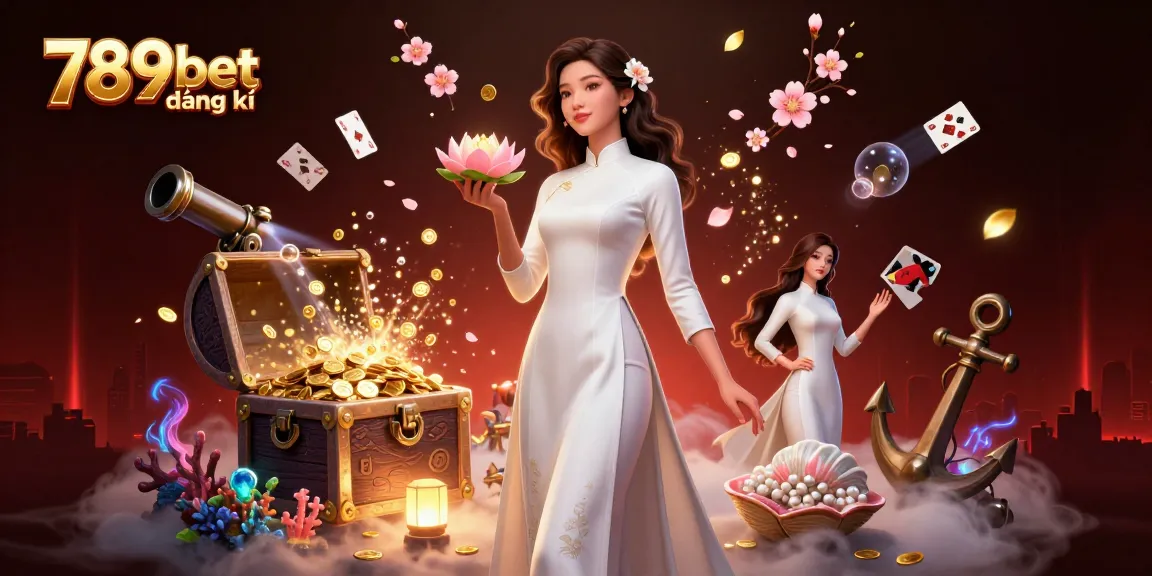 Engage with 789bet đăng ký, featuring a serene Asian woman in ao dai surrounded by casino-themed elements.