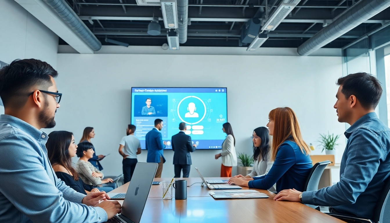 Engaged team interacting with an ai assistant for enterprise teams at a bright, professional office.
