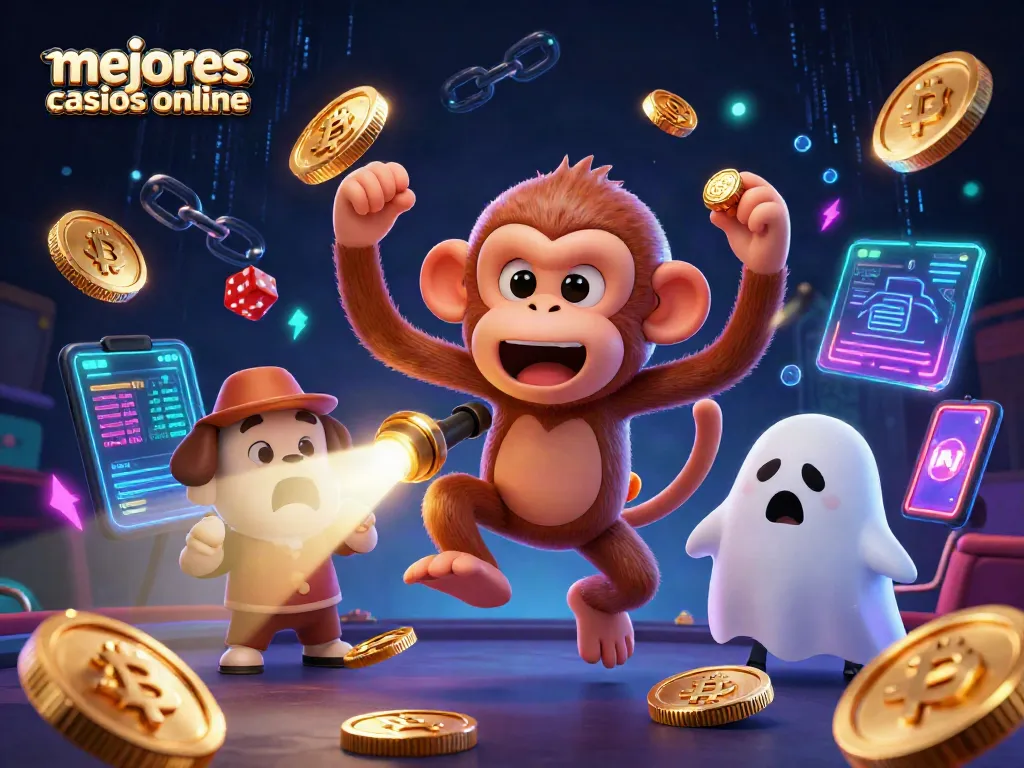 Ilustración 3D de un poltergeist de casino, mostrando los mejores casinos online con elementos digitales y criptográficos.