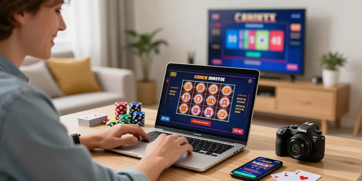 Player enjoying online gaming at home with a laptop and casino items from https://mvc.org.uk