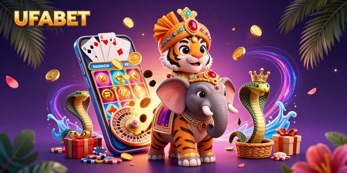 Experience the thrill of winning on UFABET with a vibrant casino scene showcasing a maharaja tiger, elephant, and exciting game elements.