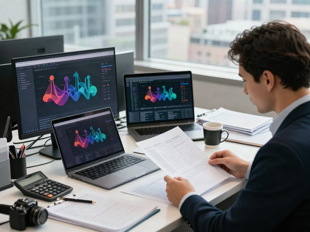 Engaged tax preparer using branded professional tax software with a client in a bright office.