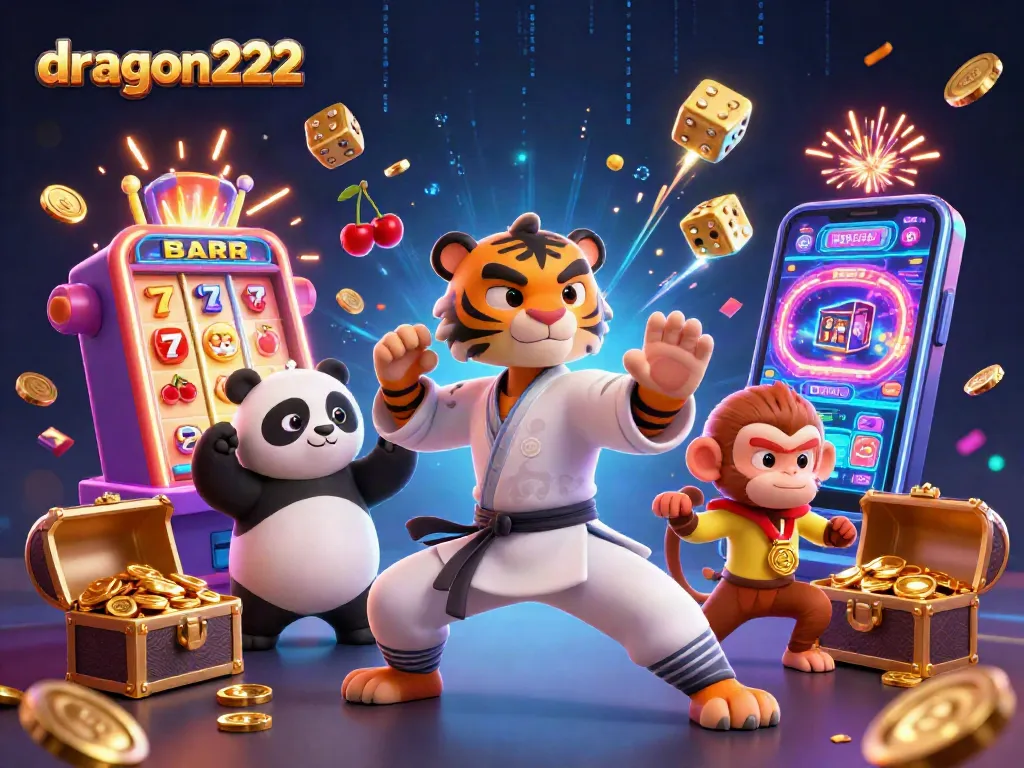 Engage with dragon222 as the kung fu tiger, panda, and monkey celebrate casino wins amidst vibrant jackpots.