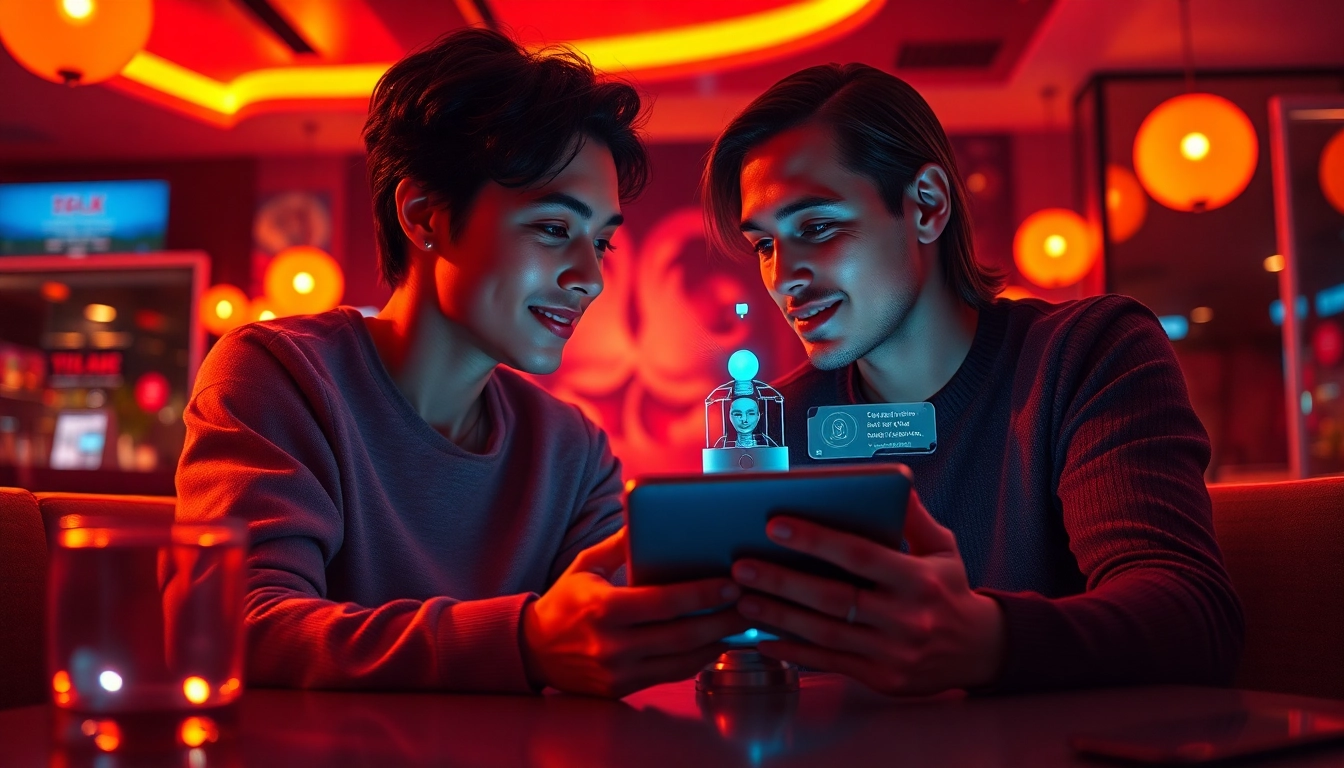 Engaging couple exploring sex chat ai in a cozy, futuristic café.