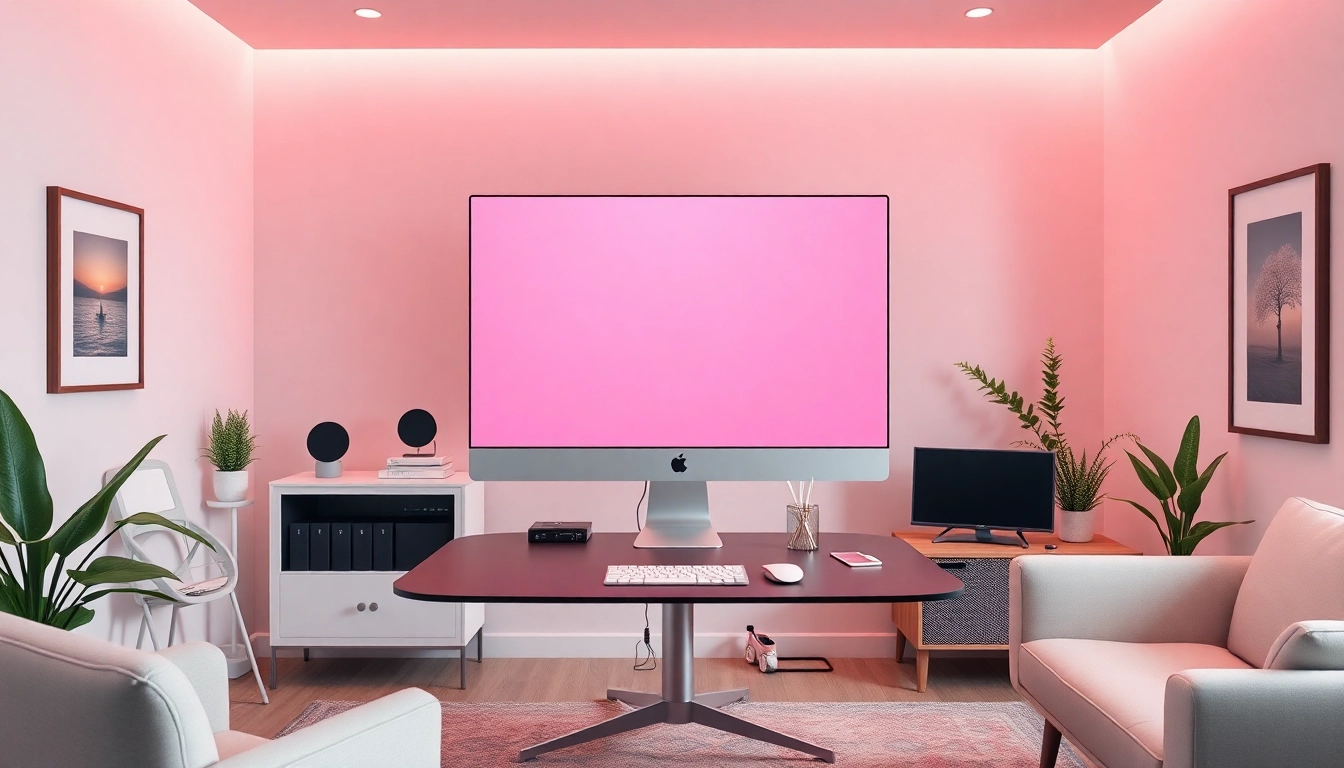 Professional workspace featuring a calming pink screen for creative productivity.