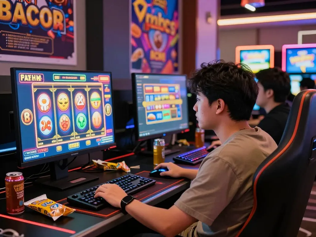 Engaged player enjoying slot gacor hari ini in a lively online gaming setup.